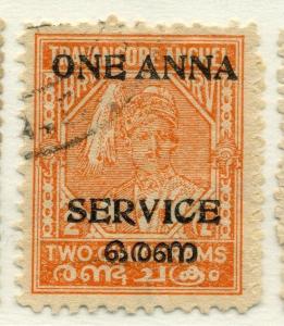 INDIA TRAVANCORE;  COCHIN 1949 SERVICE surcharge used ONE ANNA value PERF 11