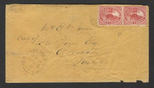 CANADA 1862 PAIR SCOTT # 15 TIED WITH TARGET CANCEL NEW CHARLISLE-GASPE