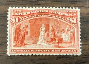 U.S. #241 1893 $1.00 Columbian - VF - Mint,  Re-gummed, bright color, thin