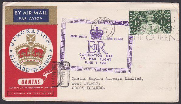 GB 1953 Qantas Coronation flight cover to COCOS IS via Singapore............8769