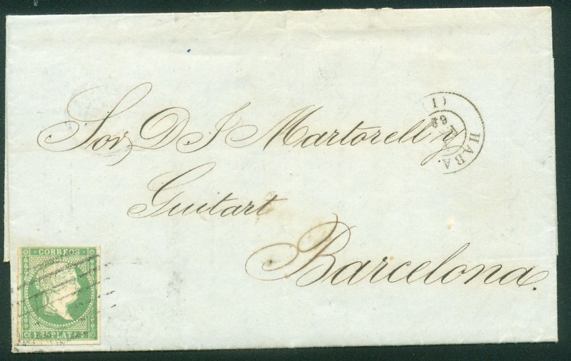 CUBA (SPANISH) 10, 1R 1861 FLD LTR DATED CAMPECHE TO BARCELONA, HAVANA FRANK(43)