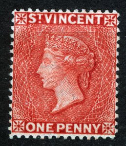 St. Vincent, 1885, Sg #48, Queen Victoria Rose red,onne penny, WM CA under Crown