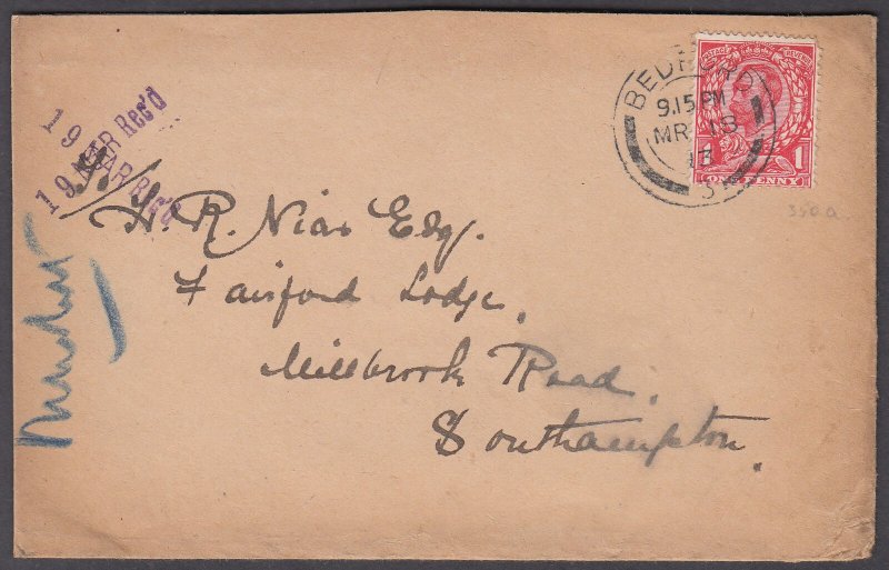 GREAT BRITAIN -  GEORGE V 1913 (18 Mar) Cover Bedford to Southampton - 18213