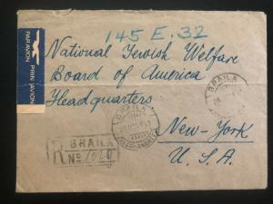 1951 Baila Romania Airmail cover To National Jewish Welfare New York USA