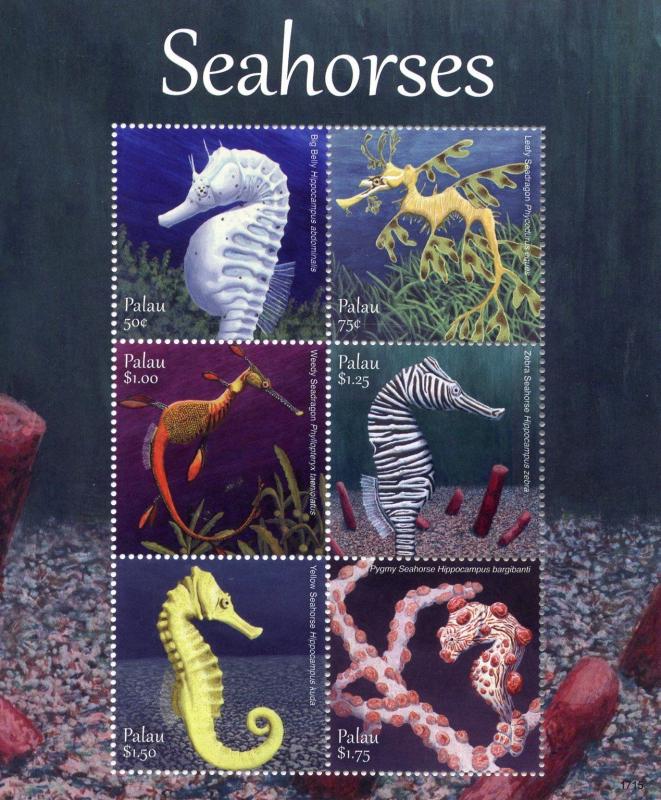 Palau Marine Stamps 2017 MNH Seahorses Pygmy Seahorse Leafy Seadragon 6v M/S 