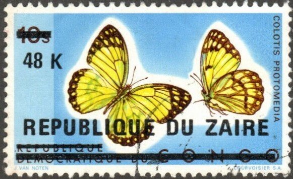 Zaire 855 - Used - 48k on 10s Yellow Splendor-tip Butterfly (1977) (cv $2.10)