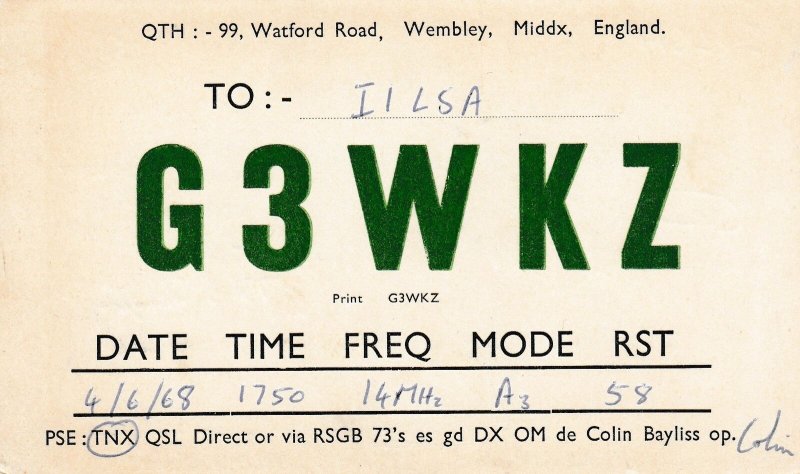 9693 Amateur Radio QSL Card WEMBLEY ENGLAND