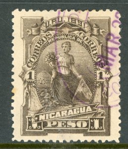 Nicaragua 1891 Seebeck 1 Peso Goddess of Plenty Scott #36 VFU Z348 ⭐