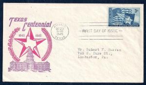 UNITED STATES FDC 3¢ Texas Statehood 1945 Cachet Craft