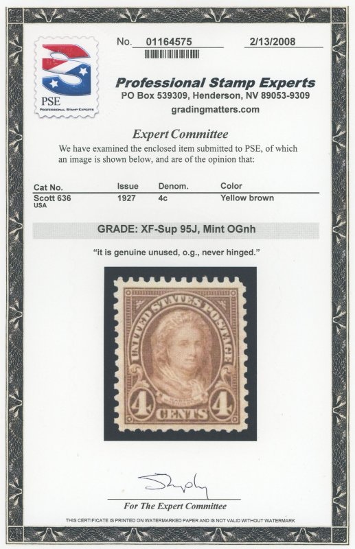 USA 636 - Martha Washington Rotary - PSE Graded Cert: XF-Sup 95 Jumbo Mint OGnh