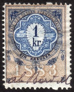 1883, Austria 1Kr, Revenue stamp, Used