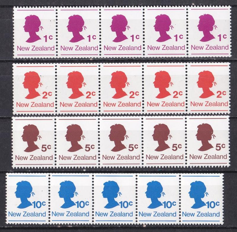 New Zealand # 651-654, Queens Silouette, Coil Strips of Five, NH, 1/2 Cat.