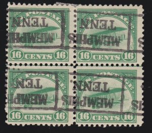 US C2 16c Air Mail Used Block of 4 w FULL OG / Memphis, Tenn. Roller Pre-Cancel?