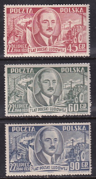 Poland 1951 Sc 518-20 Portrait President Boleslaw Bierut Stamp MNH