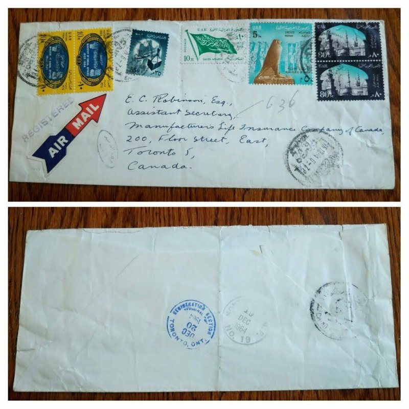 UNIQUE 1964 SAUDI ARABIA FLAG ON EGYPT STAMP COVER TO CANADA RECEIVING CANCEL 