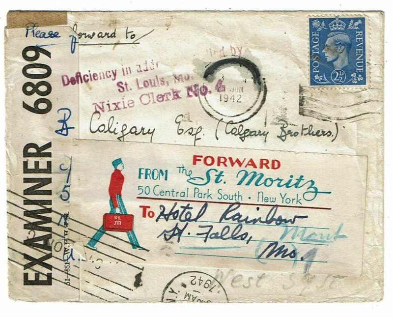 Great Britain 1942 cover to the U.S., censored, hotel forwarding label