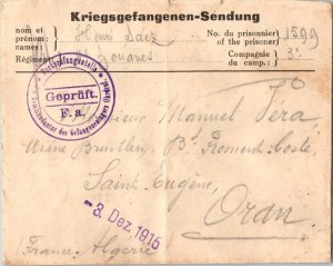 Germany P.O.W. Free Mail 1915 Ohrdruf, Germany Concentration Camp to Oran, Al...