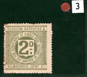 GB SCOTLAND RAILWAY 2d Letter Stamp GLASGOW BARRHEAD KILMARNOCK (1891) Mint BRW3