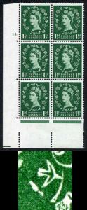 S26g 1 1/2d Green Wmk Edward Cyl 14 Dot Butterfly Flaw M/M Block of 6 E/I