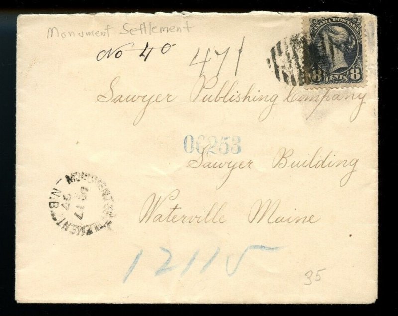 ?MONUMENT SETTLEMENT, N.B. split ring 1897 Small Queen 8c scarce cover Canada