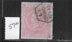 GREAT BRITAIN SCOTT #57A (SG #127) 1867 5 SH (PALE ROSE-PLATE 2) WMK 26- USED