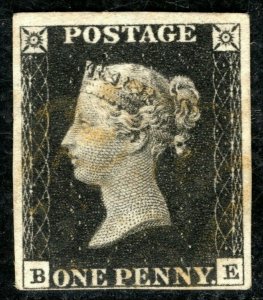 GB PENNY BLACK Stamp SG.2 1d Used Unplated (BE) *YELLOWISH* Maltese Cross ORED94 