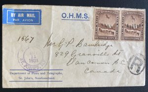 1931 St Johns Newfoundland OHMS Airmail Cover To Vancouver Canada