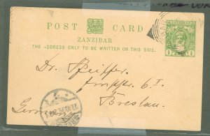 Zanzibar  1899 1/2 Anna green, addressed to Germany, stamp removed, short message