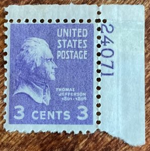 US #807 *MH* PN Single Rarer # per Durland Thomas Jefferson SCV $.30