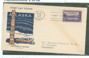 US 800 1937 3c Alaska, Part of the U S Possession Series, on an addressed, typed, FDC with a Pavois Cachet