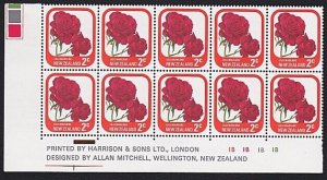 NEW ZEALAND 1975 2c Roses plate block 1B MNH...............................A4694