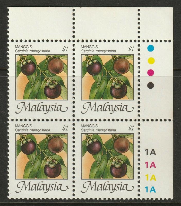 Malaysia 1986 Fruits Mangosteens $1 4V Block Margin Plate 1A MNH P.12 SG#347 