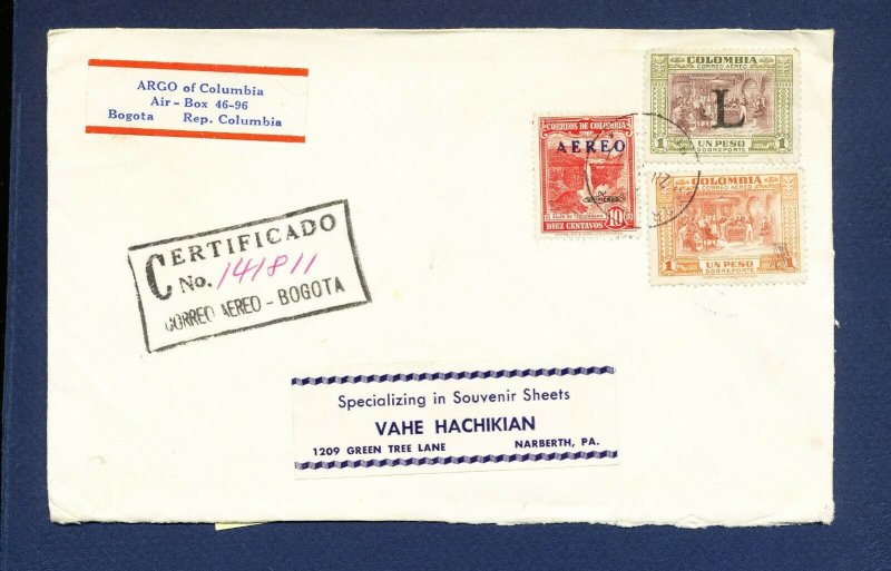 COLOMBIA   # C182 and others on certified cover to USA - 1960 