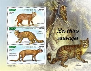 Chad - 2023 Wild Cats, Bobcat, Wildcat, Jaguarundi - 3 Stamp Sheet - TCH230105a