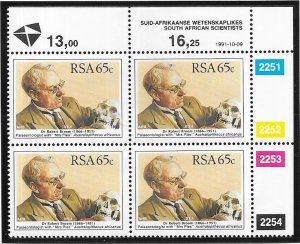 South Africa #812 65c  Dr. Bloom, Paleontologsit  margin block of 4  CV$5.00