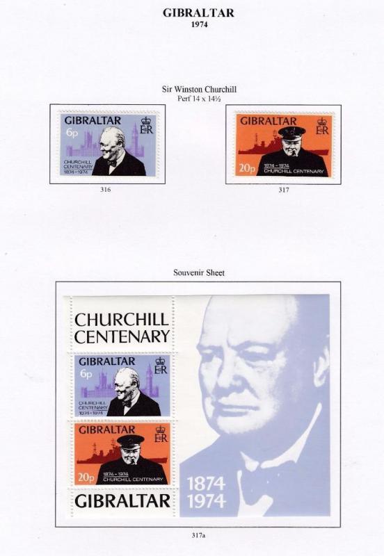 GIBRALTAR # 316-317,317a VF-MLH  SIR WINSTON CHURCHILL PLUS S/SHEET 1974