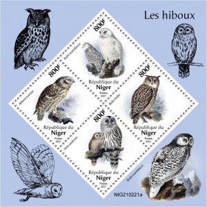 Niger - 2021 Owls, Little, Snowy, Ural, Horned - 4 Stamp Sheet - NIG210221a