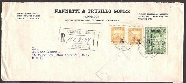 COLOMBIA 1953 Registered cover to USA - stamps with 'A' overprints.........33037