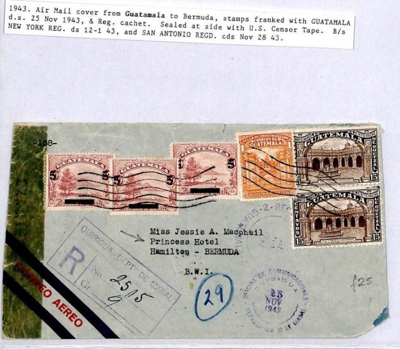 CQ33 WW2 GUATEMALA Cover 1943 Censor Registered Mail PRINCESS HOTEL Bermuda