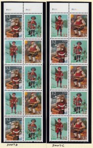 1995 Christmas Santa Sc 3007b & 3007c MNH booklet panes Plate number P1111