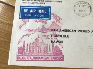 Pan American World Airways Calcutta to Hawaii 1947 stamps cover Ref 57001