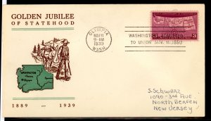 US 858 3 cent 50th Anniversary of Washington (single) on an addressed FDC with an Olympia, WA cancel and a Grimsland cachet