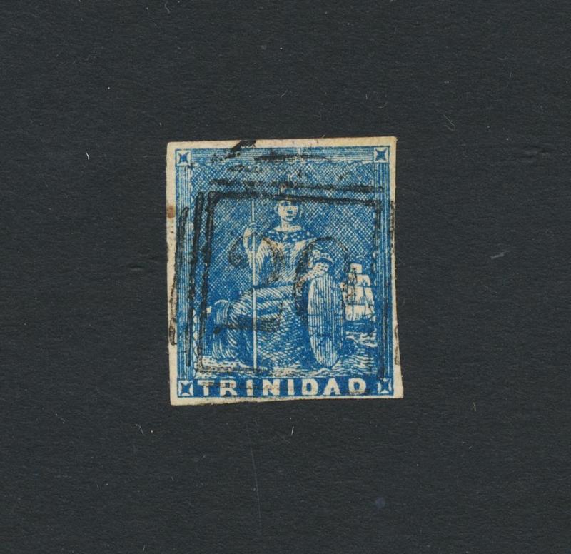 TRINIDAD 1852, 1d BLUE FIRST ISSUE, VF USED, BOXED 20 CANCEL SG#13 (SEE BELOW)