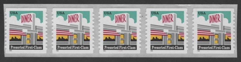 U.S. #3208A MNH Plate #11111 Strip of 5 25¢ Diner