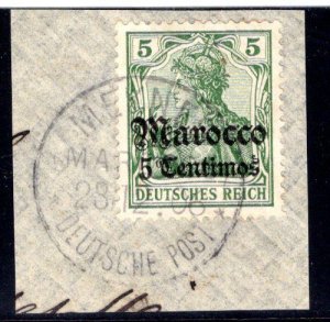 German Offices in Morocco #34,  Meknes 28 Dec 1906 cancel on piece, CV€25  E