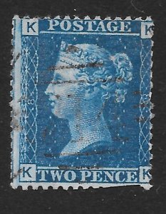 GB QV, 1869 SG45, 2d BLUE, Thick Lines,  PLATE 8 (KK)    Good Used,