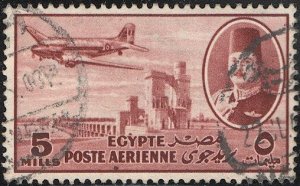 EGYPT  1947 Sc C41 Used 5m Airmail, King Farouk & Airplane