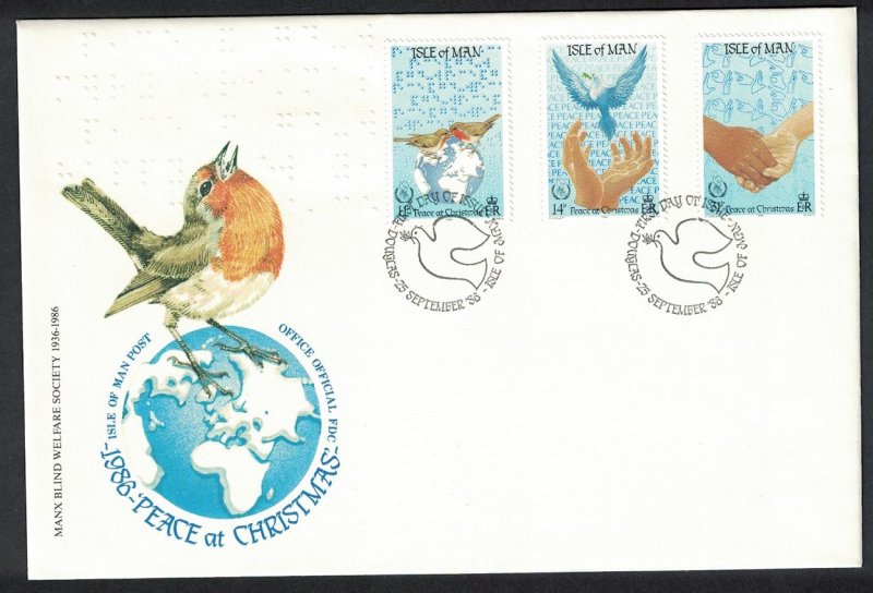 Isle of Man Birds Christmas International Peace Year 3v FDC SG#331-333