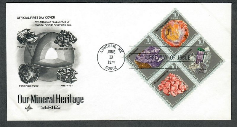 1538 - 1541 Mineral Heritage unaddressed ArtCraft block of 4 FDC