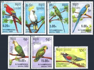 Cambodia 938-944,945, CTO. Michel 1016-1022, 1023 Bl.164. Parrots 1989.